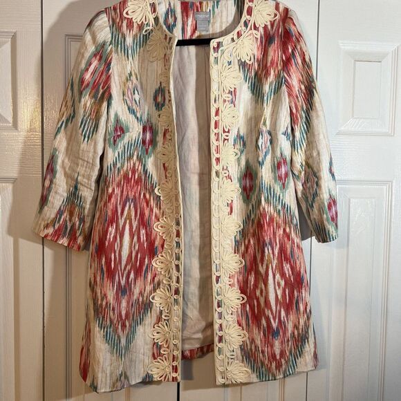 Chico's Jackets & Blazers - CHICO'S Daintree IKAT Print Soutache Linen Jacket Topper 3/4‎ Size 1(8/10) EUC